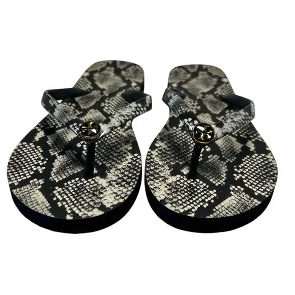 Tory Burch Flip Flops in the Black and White Roccia Snakeskin print. Size 6 - Picture 2 of 9
